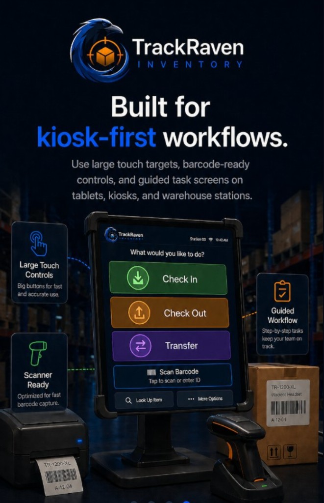 Kiosk-first workflow with large touch targets
